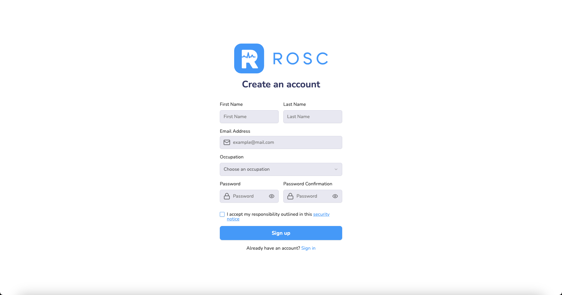 ROSC.ai Create Account Form