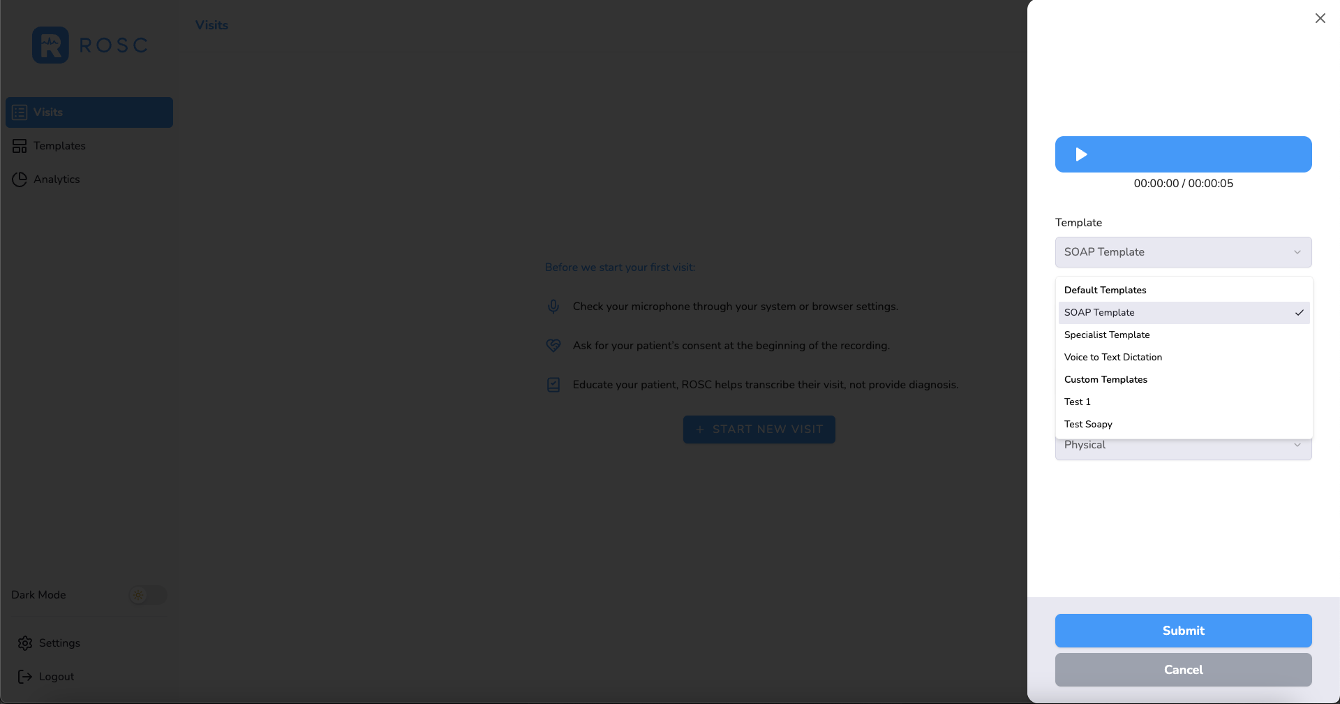 Select Template for Transcription